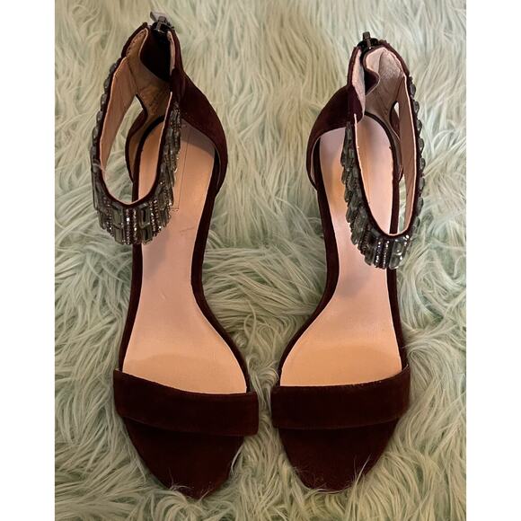 Aldo Stilletto High Heel Size 6.5 Rhinestone Ankle Strap Open Toe Shoe Suede Red - Picture 4 of 7